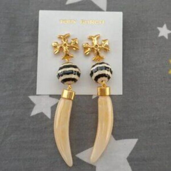 Tory Burch Horn Drop Statement Earrings in 18k Gold - Picture 2 of 5